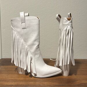 White fringe cowboy boots